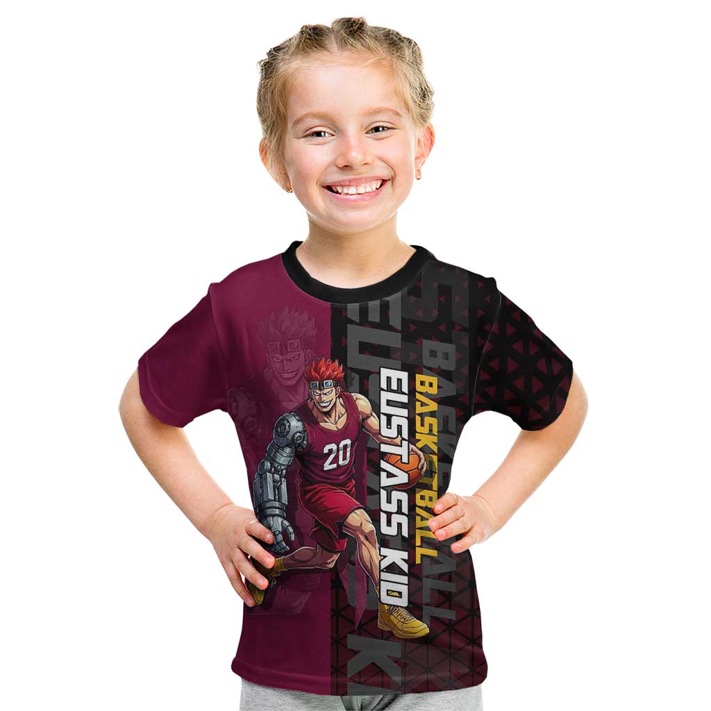 Eustass Kid One Piece Basketball Theme Red and Black Design Kid T Shirt with Flame Skull Emblem and Mechanical Arm Pose - The Mazicc