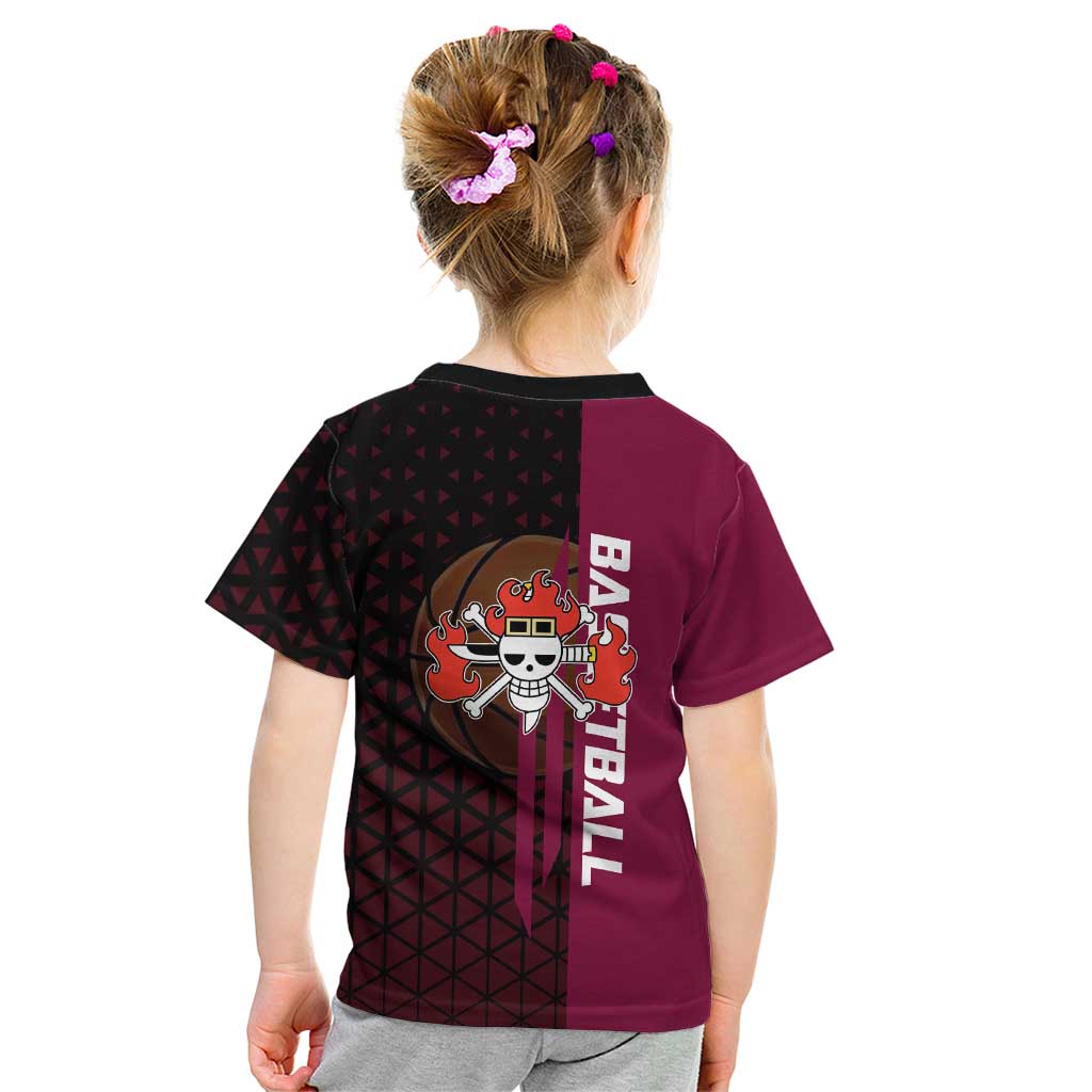 Eustass Kid One Piece Basketball Theme Red and Black Design Kid T Shirt with Flame Skull Emblem and Mechanical Arm Pose - The Mazicc