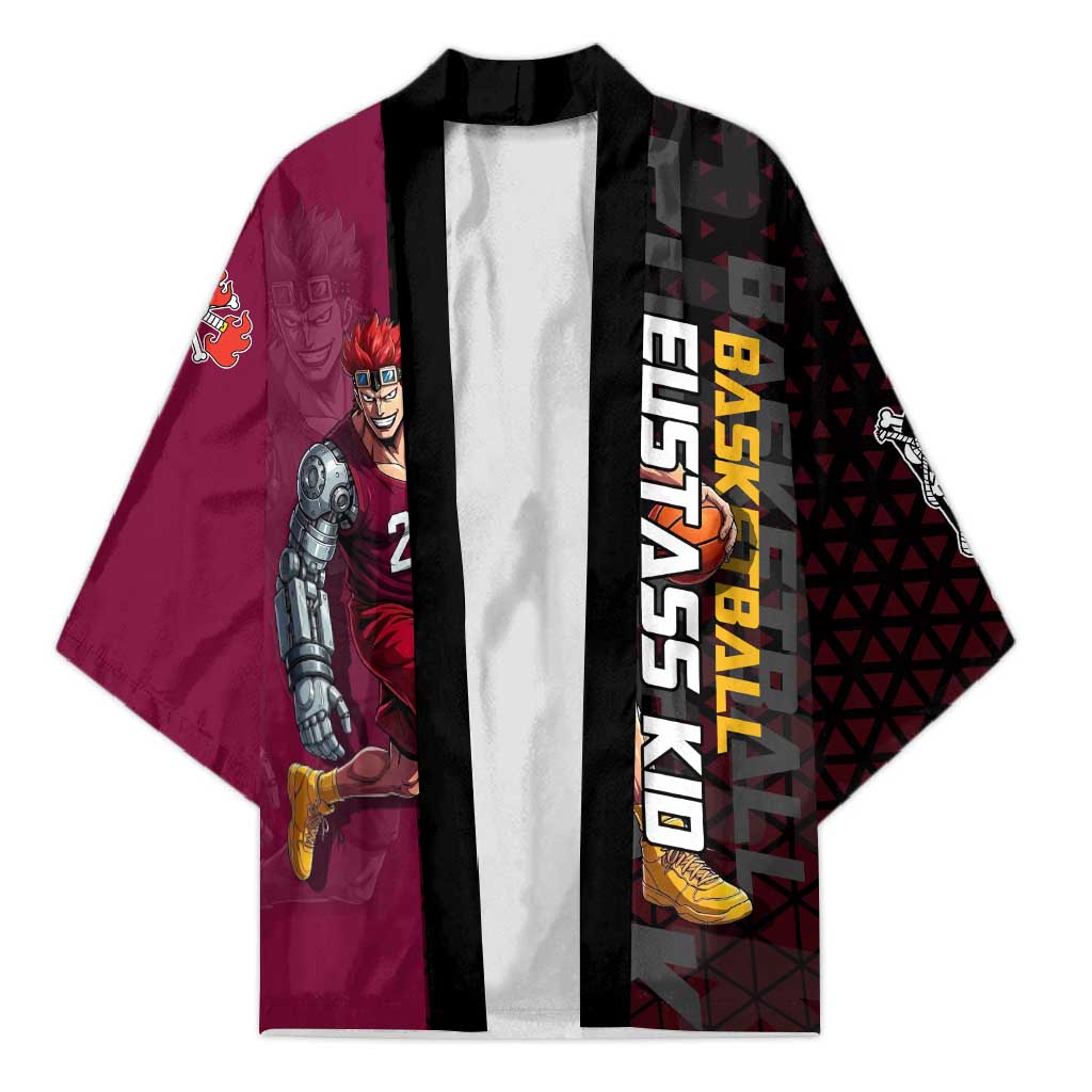 Eustass Kid One Piece Basketball Theme Red and Black Design Kimono with Flame Skull Emblem and Mechanical Arm Pose - The Mazicc