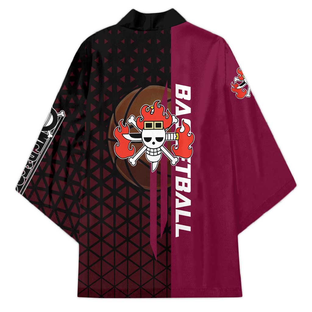 Eustass Kid One Piece Basketball Theme Red and Black Design Kimono with Flame Skull Emblem and Mechanical Arm Pose - The Mazicc