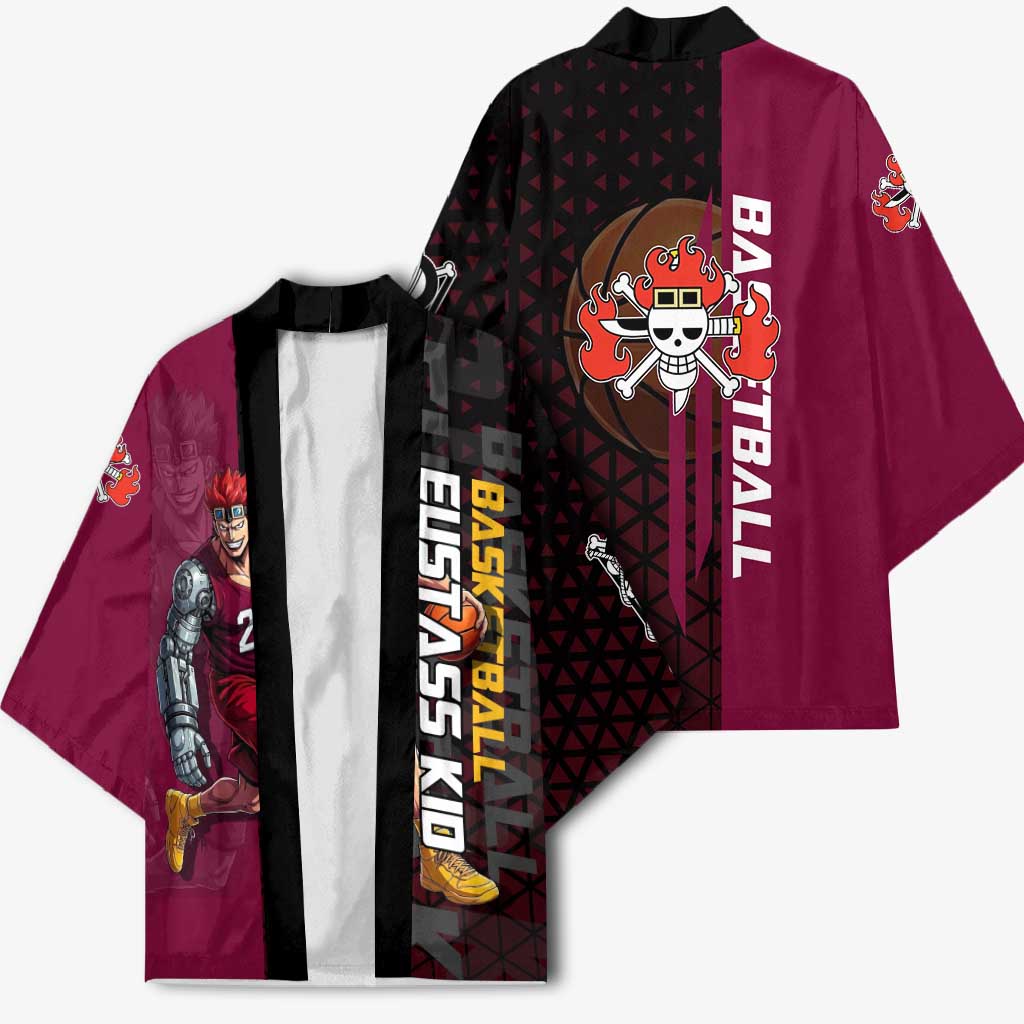 Eustass Kid One Piece Basketball Theme Red and Black Design Kimono with Flame Skull Emblem and Mechanical Arm Pose - The Mazicc