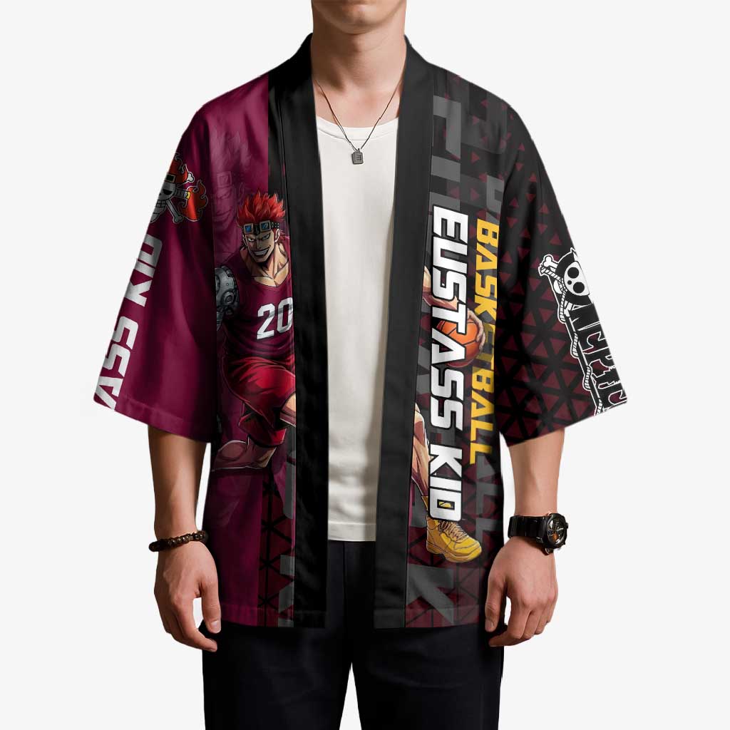 Eustass Kid One Piece Basketball Theme Red and Black Design Kimono with Flame Skull Emblem and Mechanical Arm Pose - The Mazicc