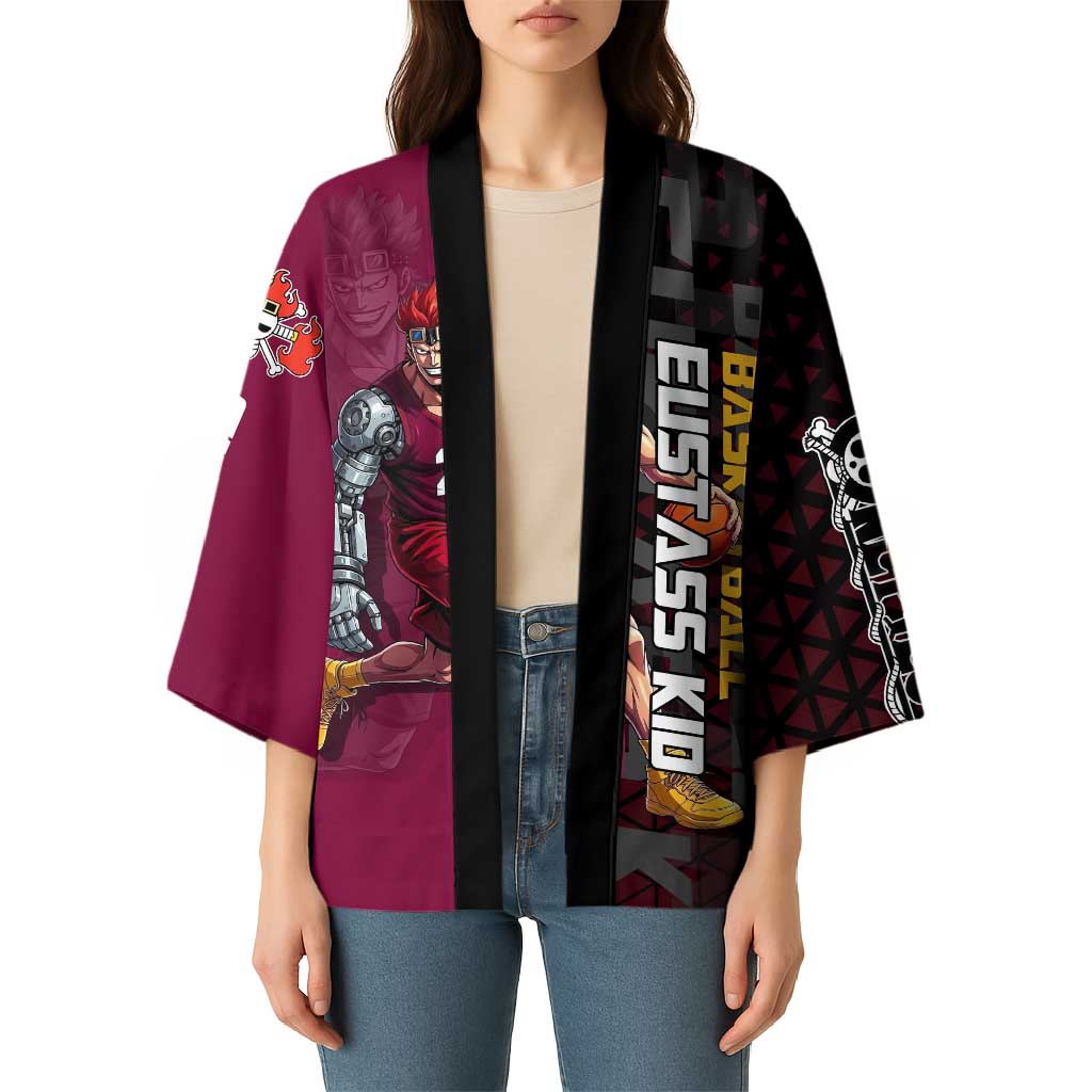Eustass Kid One Piece Basketball Theme Red and Black Design Kimono with Flame Skull Emblem and Mechanical Arm Pose - The Mazicc