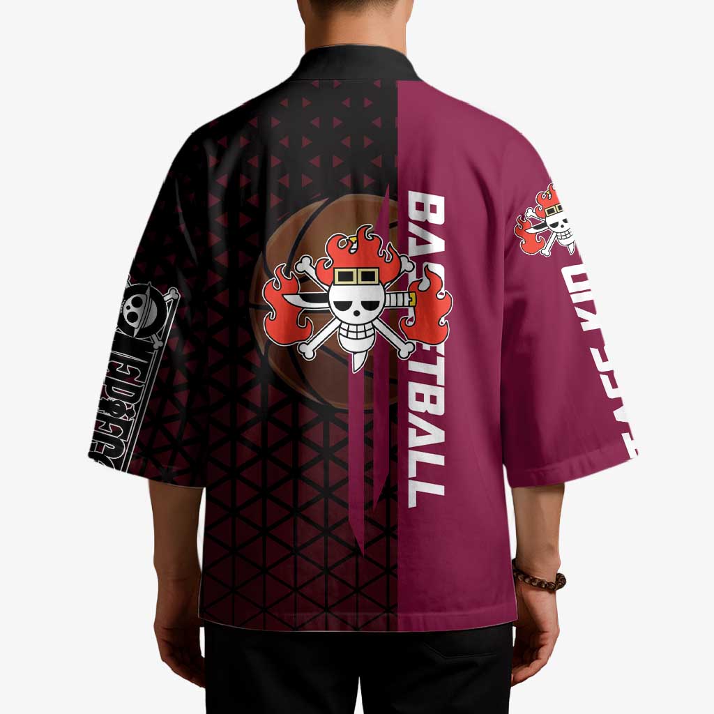 Eustass Kid One Piece Basketball Theme Red and Black Design Kimono with Flame Skull Emblem and Mechanical Arm Pose - The Mazicc