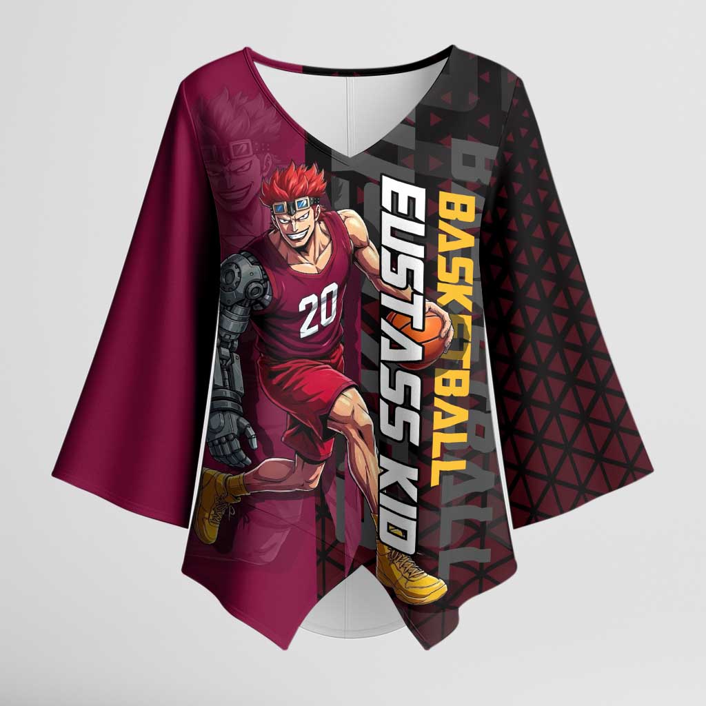 Eustass Kid One Piece Basketball Theme Red and Black Design Kimono Sleeve Blouse with Flame Skull Emblem and Mechanical Arm Pose - The Mazicc