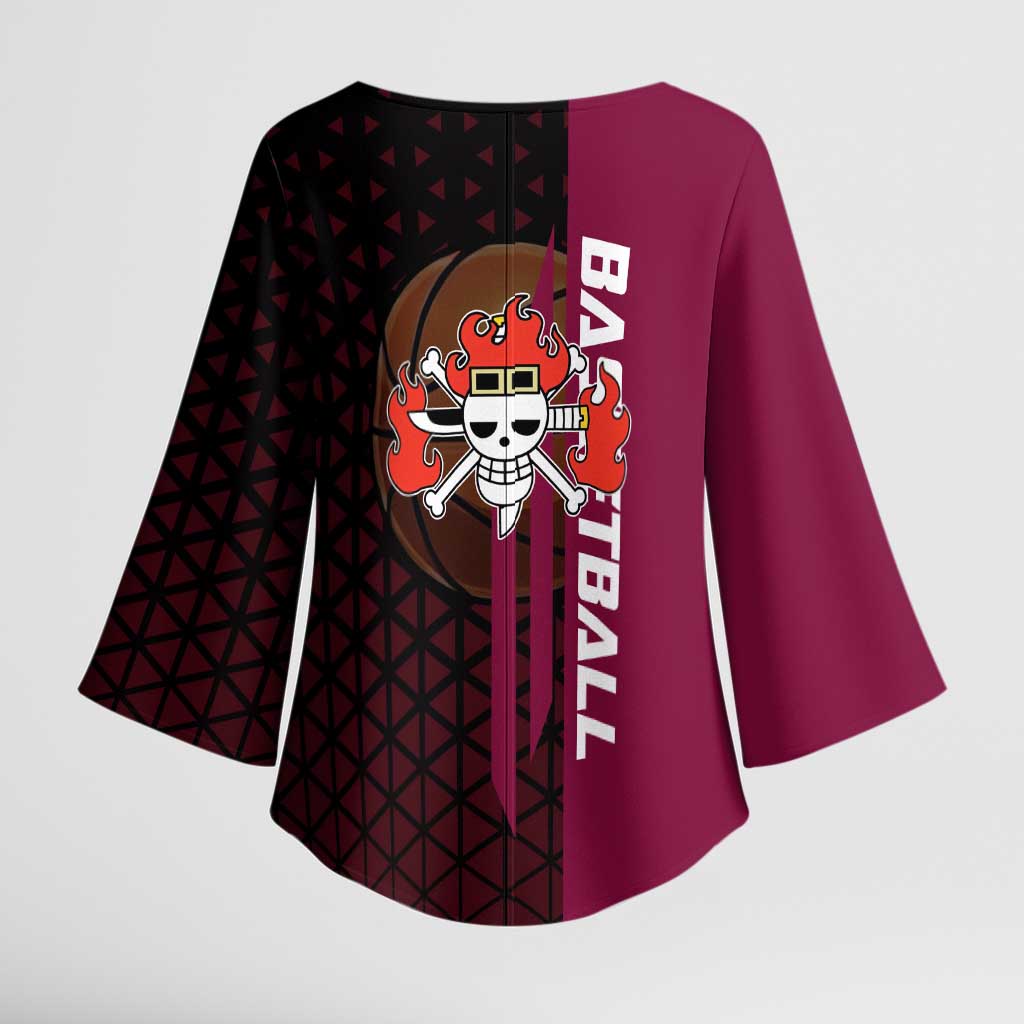 Eustass Kid One Piece Basketball Theme Red and Black Design Kimono Sleeve Blouse with Flame Skull Emblem and Mechanical Arm Pose - The Mazicc