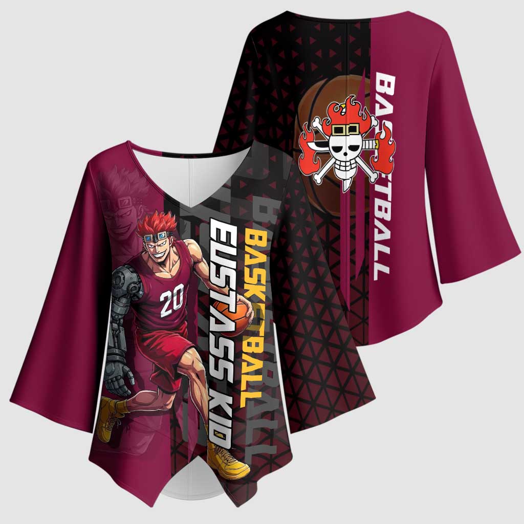 Eustass Kid One Piece Basketball Theme Red and Black Design Kimono Sleeve Blouse with Flame Skull Emblem and Mechanical Arm Pose - The Mazicc