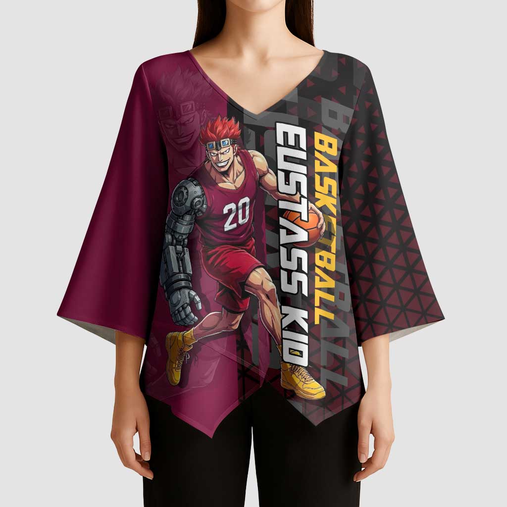 Eustass Kid One Piece Basketball Theme Red and Black Design Kimono Sleeve Blouse with Flame Skull Emblem and Mechanical Arm Pose - The Mazicc