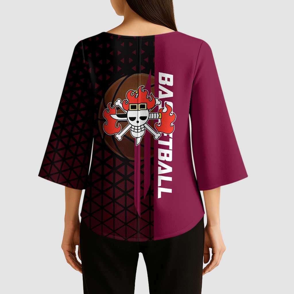 Eustass Kid One Piece Basketball Theme Red and Black Design Kimono Sleeve Blouse with Flame Skull Emblem and Mechanical Arm Pose - The Mazicc