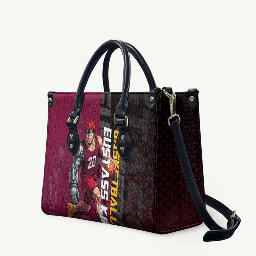 Eustass Kid One Piece Basketball Theme Red and Black Design Leather Bag with Flame Skull Emblem and Mechanical Arm Pose - The Mazicc