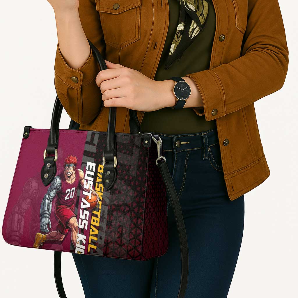 Eustass Kid One Piece Basketball Theme Red and Black Design Leather Bag with Flame Skull Emblem and Mechanical Arm Pose - The Mazicc