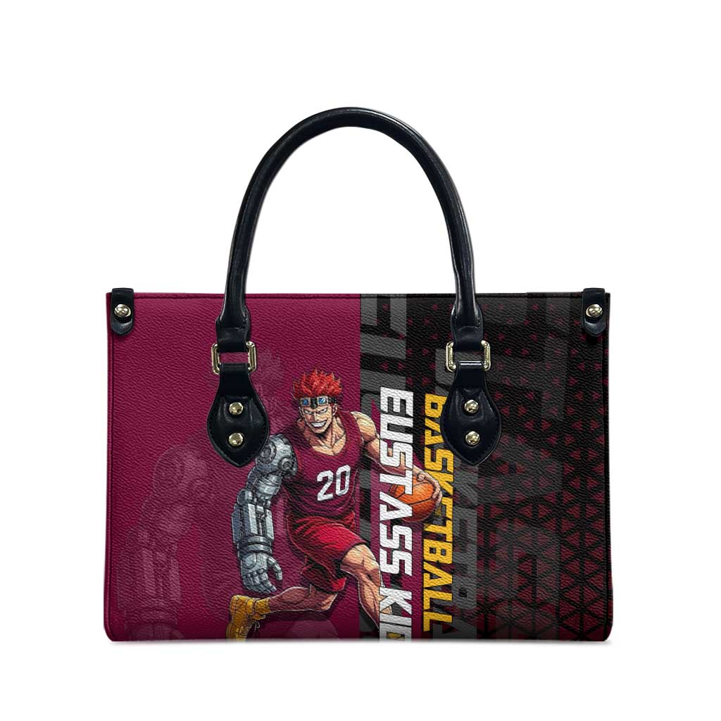 Eustass Kid One Piece Basketball Theme Red and Black Design Leather Bag with Flame Skull Emblem and Mechanical Arm Pose - The Mazicc