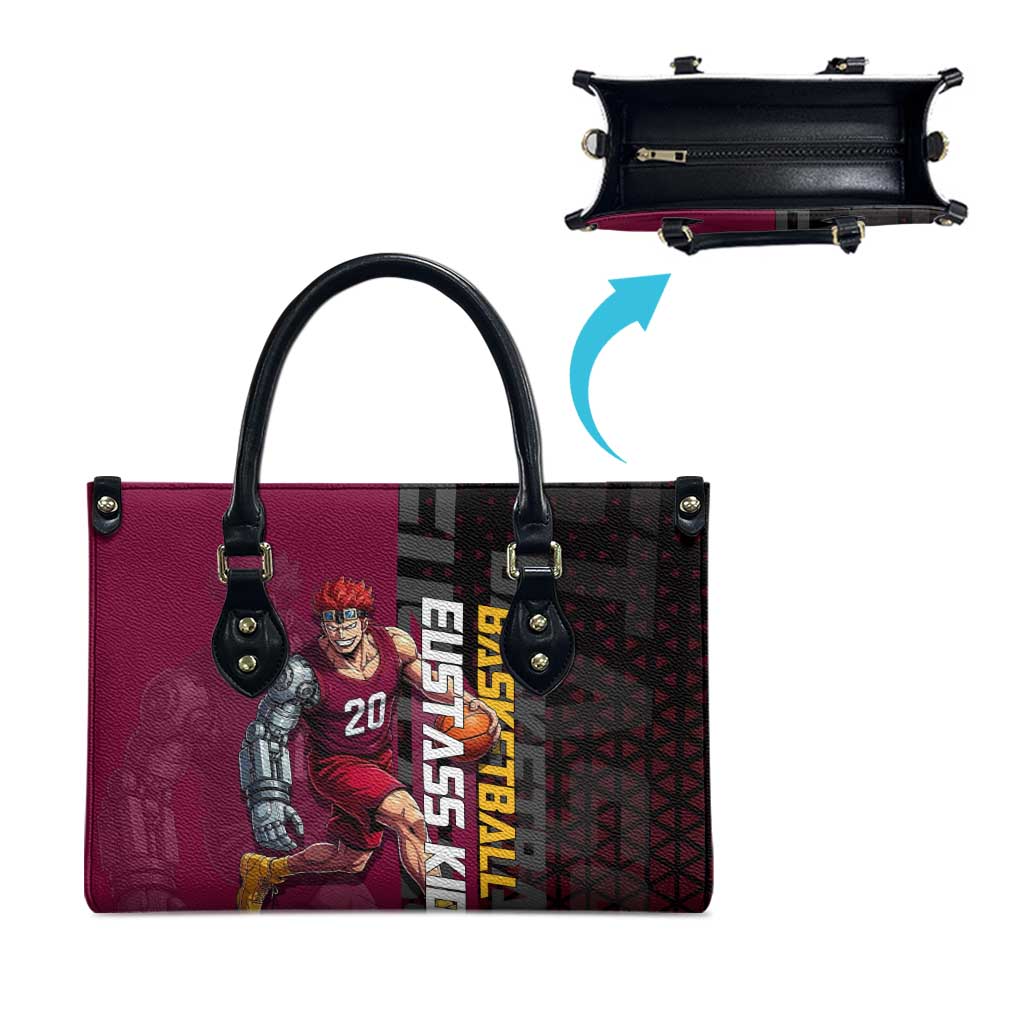 Eustass Kid One Piece Basketball Theme Red and Black Design Leather Bag with Flame Skull Emblem and Mechanical Arm Pose - The Mazicc