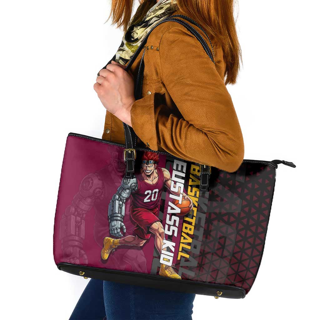 Eustass Kid One Piece Basketball Theme Red and Black Design Leather Tote Bag with Flame Skull Emblem and Mechanical Arm Pose - The Mazicc