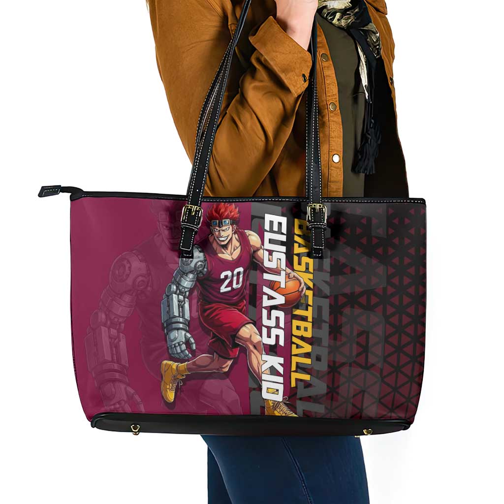 Eustass Kid One Piece Basketball Theme Red and Black Design Leather Tote Bag with Flame Skull Emblem and Mechanical Arm Pose - The Mazicc