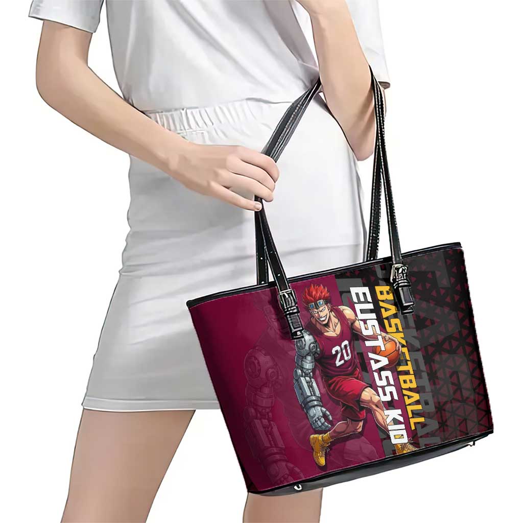 Eustass Kid One Piece Basketball Theme Red and Black Design Leather Tote Bag with Flame Skull Emblem and Mechanical Arm Pose - The Mazicc