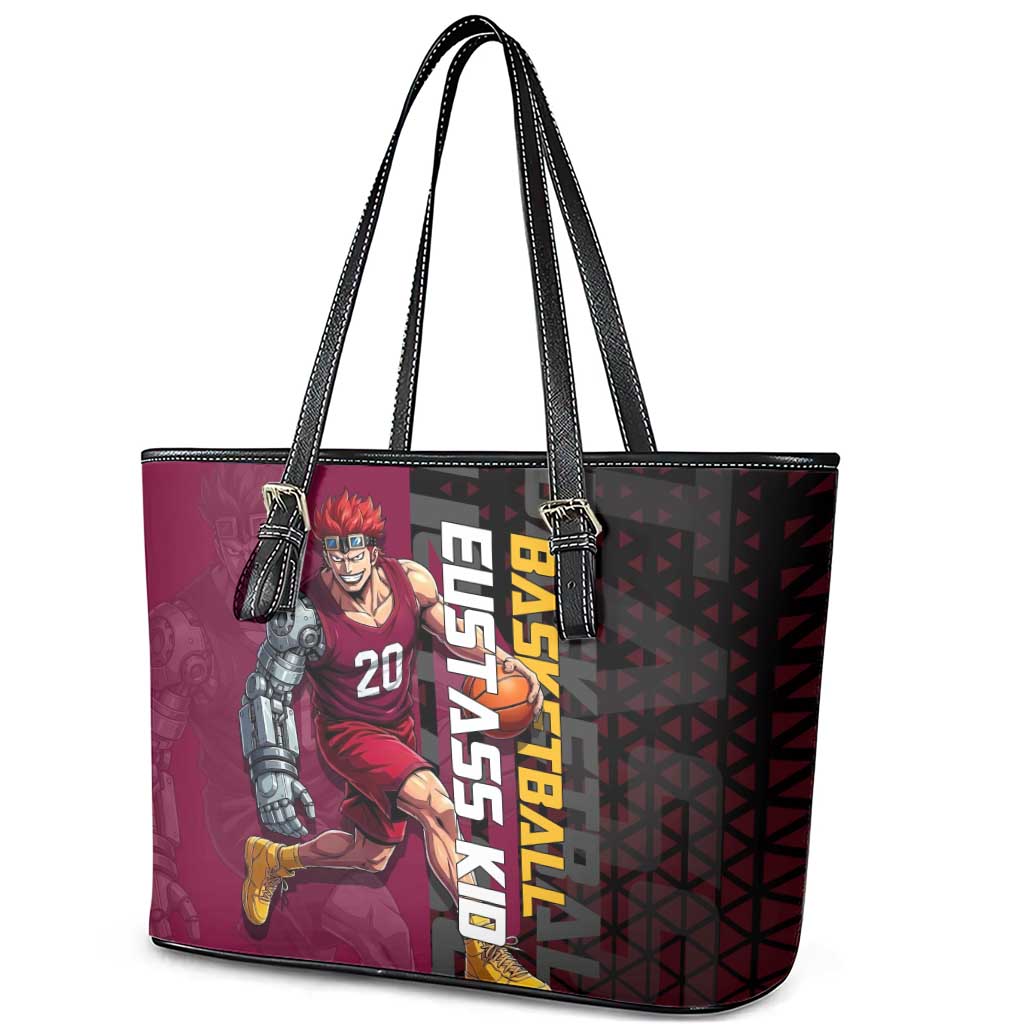 Eustass Kid One Piece Basketball Theme Red and Black Design Leather Tote Bag with Flame Skull Emblem and Mechanical Arm Pose - The Mazicc