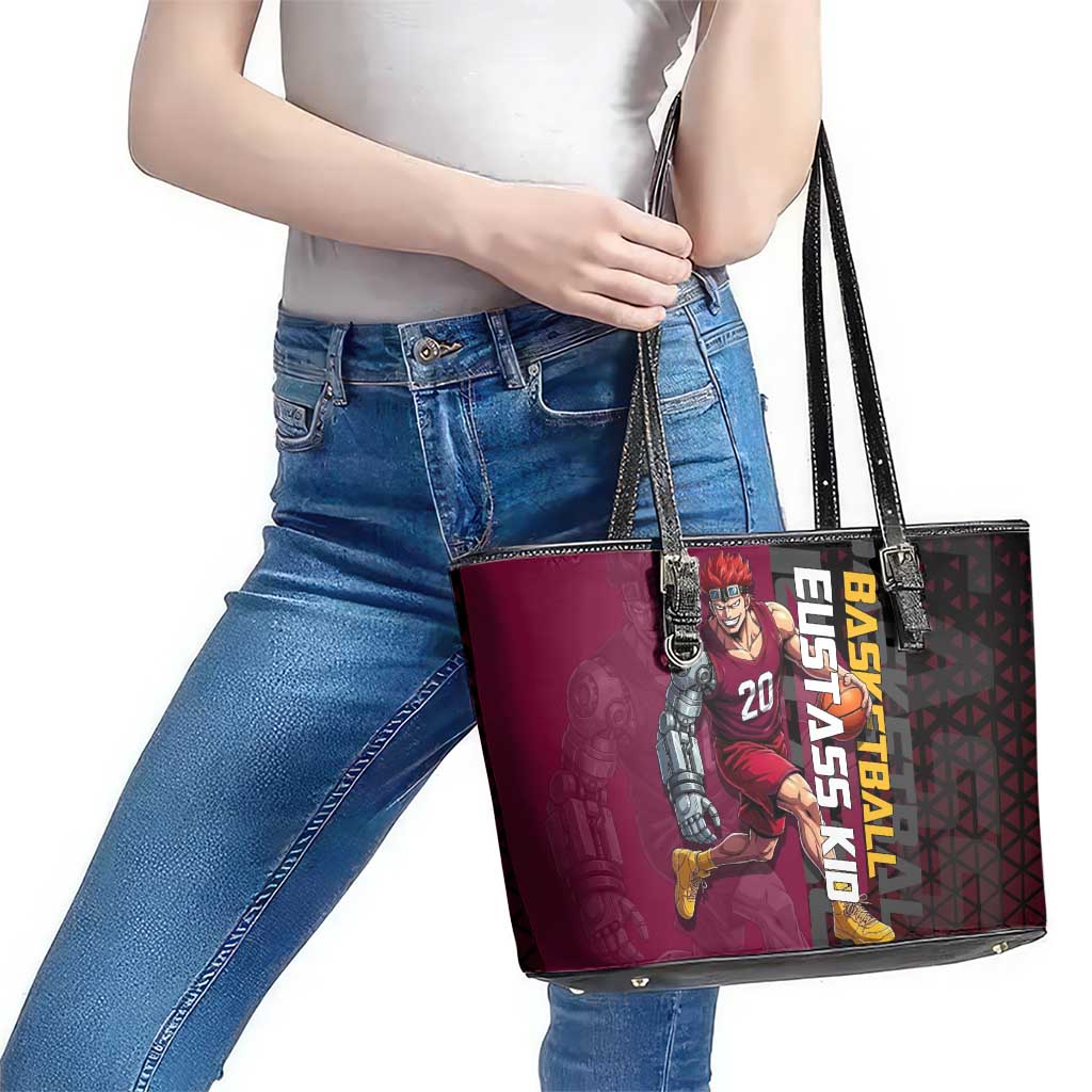 Eustass Kid One Piece Basketball Theme Red and Black Design Leather Tote Bag with Flame Skull Emblem and Mechanical Arm Pose - The Mazicc