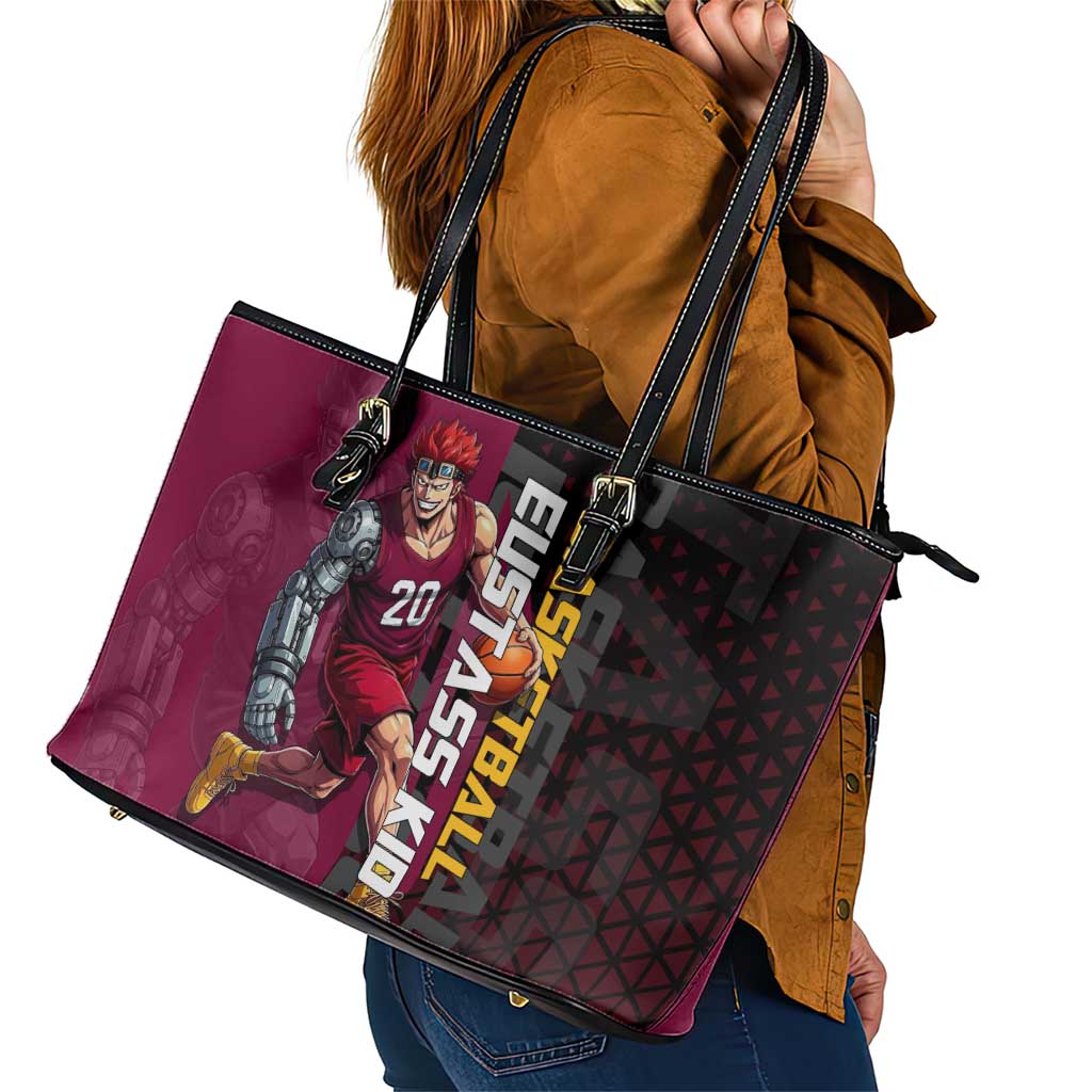 Eustass Kid One Piece Basketball Theme Red and Black Design Leather Tote Bag with Flame Skull Emblem and Mechanical Arm Pose - The Mazicc