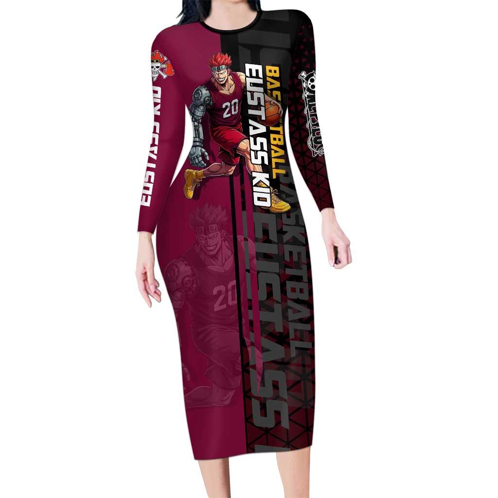 Eustass Kid One Piece Basketball Theme Red and Black Design Long Sleeve Bodycon Dress with Flame Skull Emblem and Mechanical Arm Pose - The Mazicc