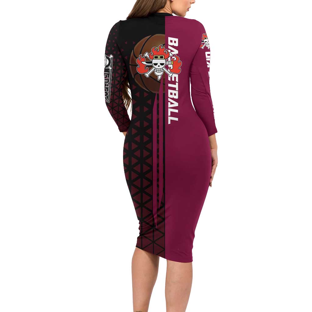 Eustass Kid One Piece Basketball Theme Red and Black Design Long Sleeve Bodycon Dress with Flame Skull Emblem and Mechanical Arm Pose - The Mazicc