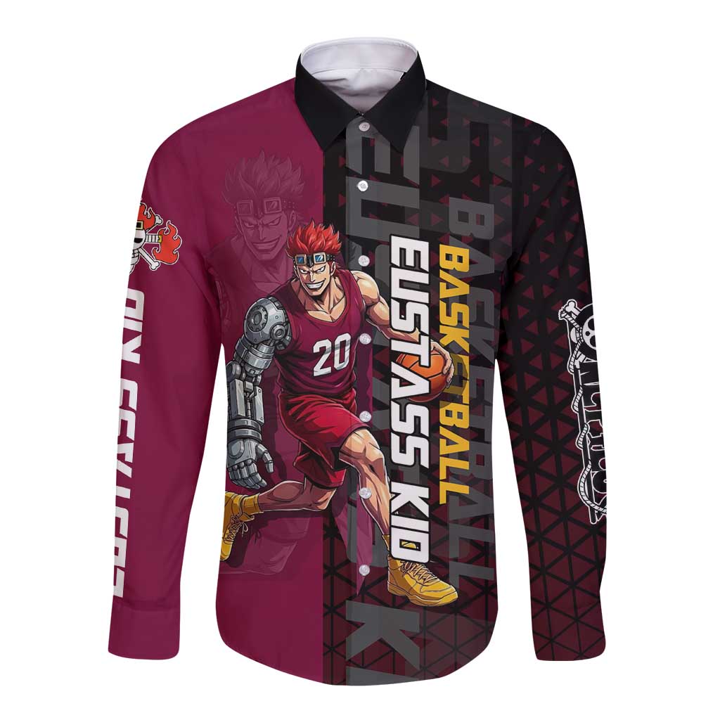 Eustass Kid One Piece Basketball Theme Red and Black Design Long Sleeve Button Shirt with Flame Skull Emblem and Mechanical Arm Pose - The Mazicc