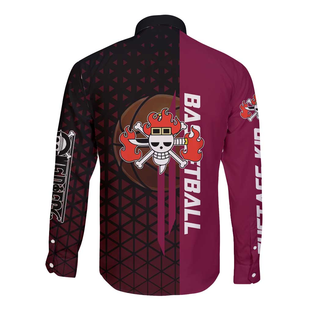 Eustass Kid One Piece Basketball Theme Red and Black Design Long Sleeve Button Shirt with Flame Skull Emblem and Mechanical Arm Pose - The Mazicc