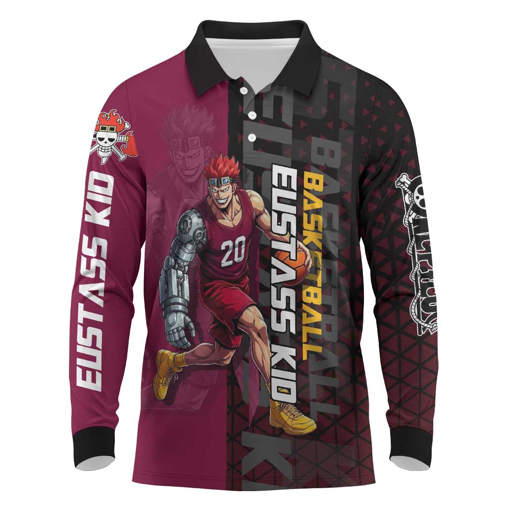 Eustass Kid One Piece Basketball Theme Red and Black Design Long Sleeve Polo Shirt with Flame Skull Emblem and Mechanical Arm Pose - The Mazicc