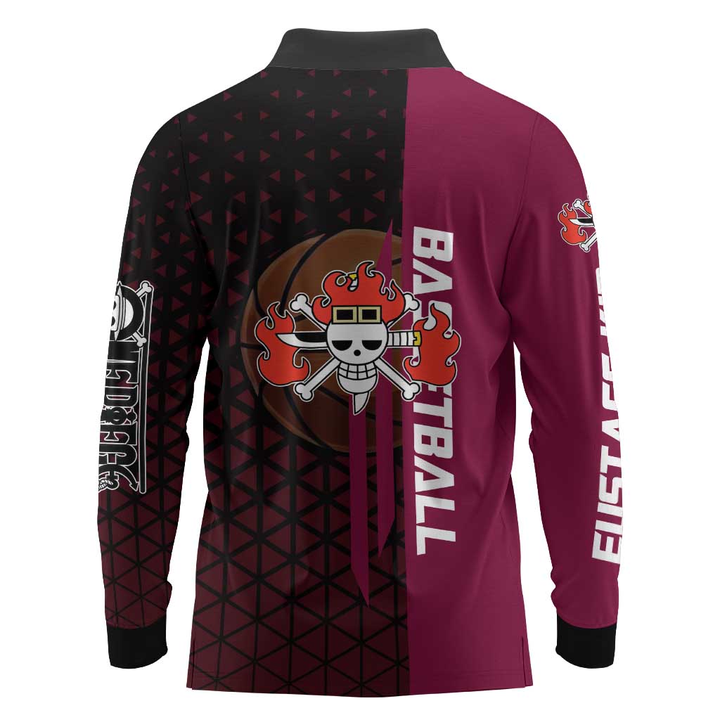 Eustass Kid One Piece Basketball Theme Red and Black Design Long Sleeve Polo Shirt with Flame Skull Emblem and Mechanical Arm Pose - The Mazicc