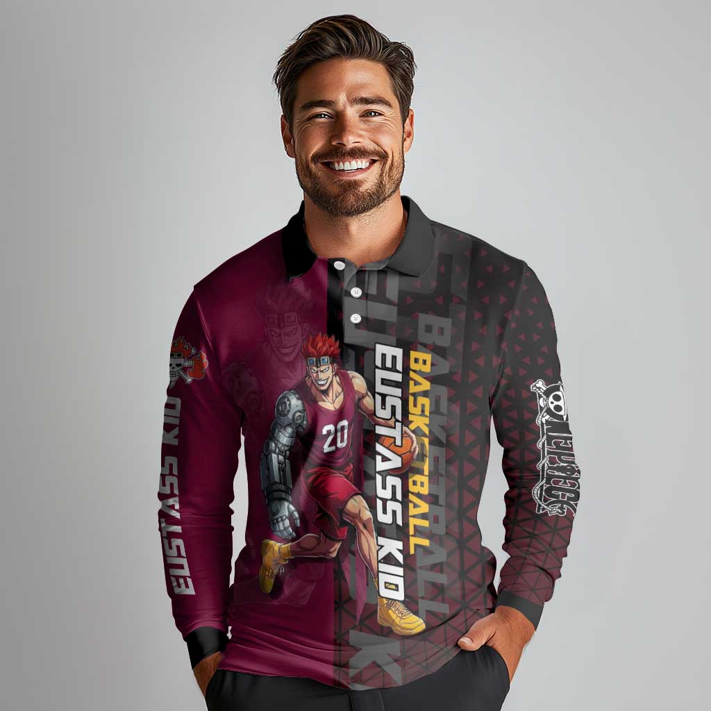 Eustass Kid One Piece Basketball Theme Red and Black Design Long Sleeve Polo Shirt with Flame Skull Emblem and Mechanical Arm Pose - The Mazicc
