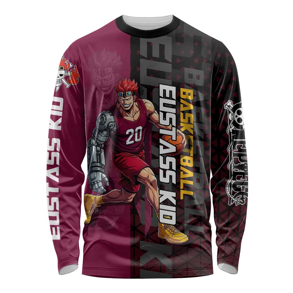 Eustass Kid One Piece Basketball Theme Red and Black Design Long Sleeve Shirt with Flame Skull Emblem and Mechanical Arm Pose - The Mazicc