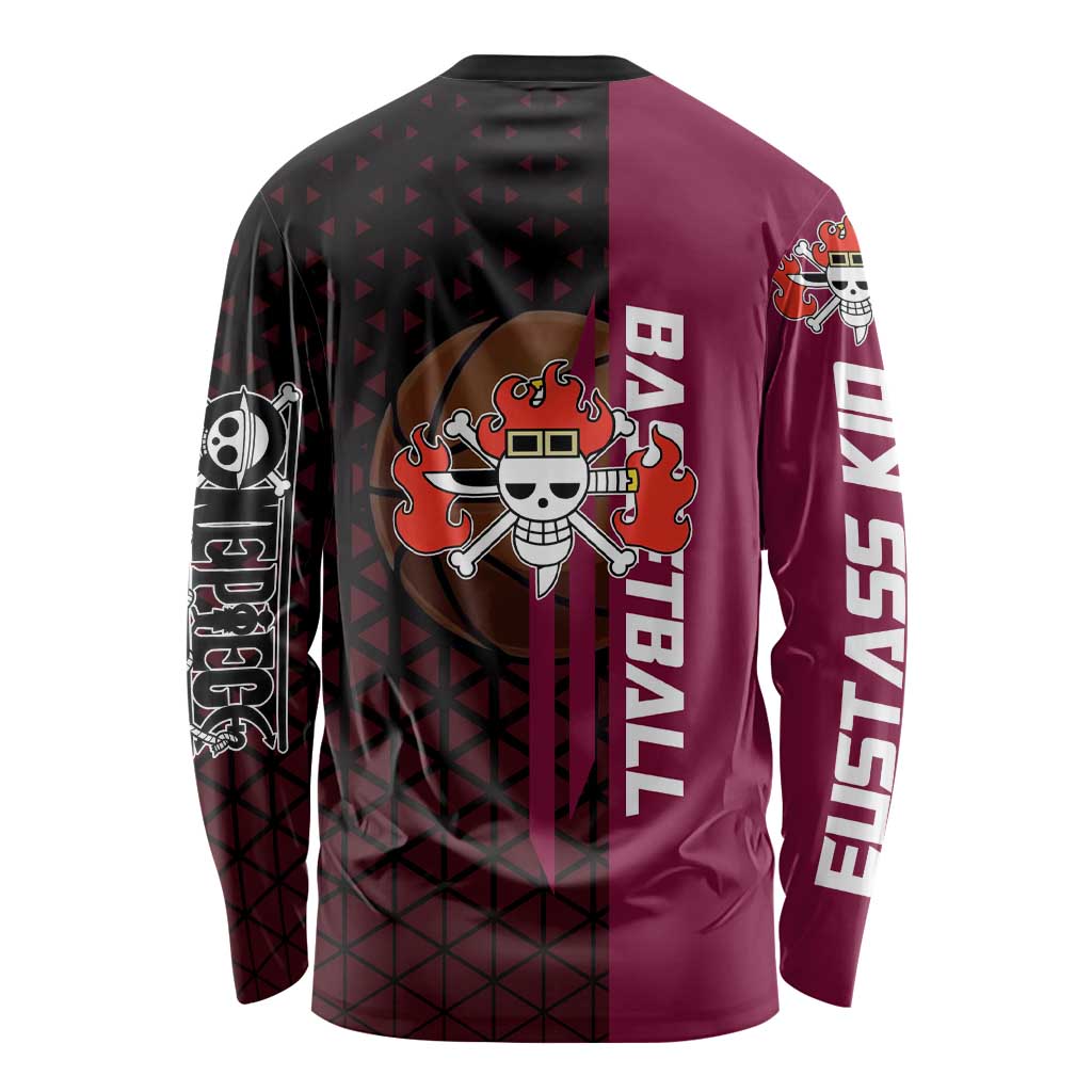Eustass Kid One Piece Basketball Theme Red and Black Design Long Sleeve Shirt with Flame Skull Emblem and Mechanical Arm Pose - The Mazicc