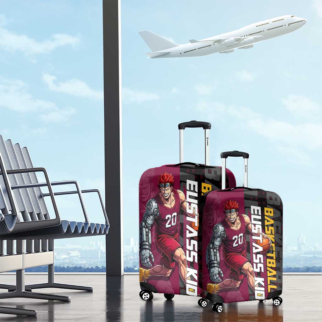 Eustass Kid One Piece Basketball Theme Red and Black Design Luggage Cover with Flame Skull Emblem and Mechanical Arm Pose - The Mazicc