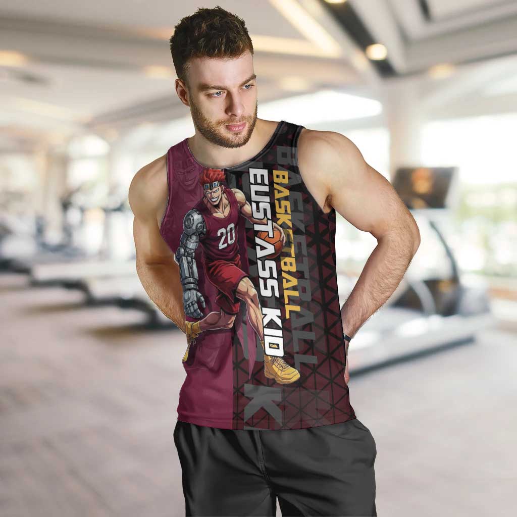 Eustass Kid One Piece Basketball Theme Red and Black Design Men Tank Top with Flame Skull Emblem and Mechanical Arm Pose - The Mazicc