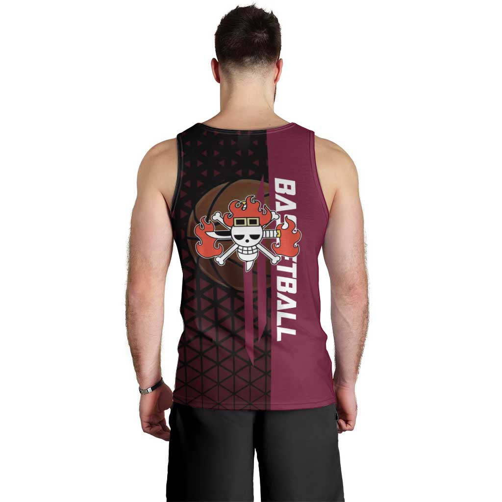 Eustass Kid One Piece Basketball Theme Red and Black Design Men Tank Top with Flame Skull Emblem and Mechanical Arm Pose - The Mazicc