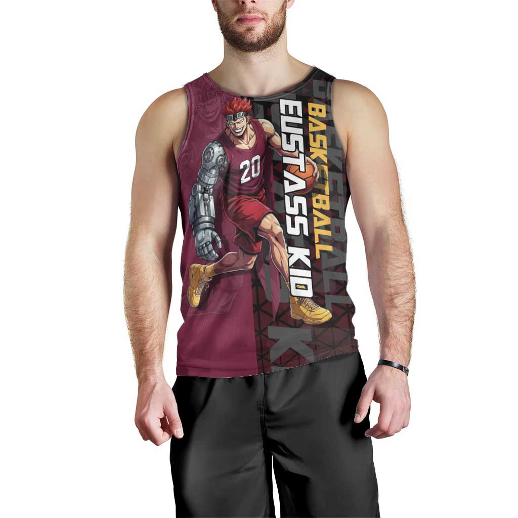 Eustass Kid One Piece Basketball Theme Red and Black Design Men Tank Top with Flame Skull Emblem and Mechanical Arm Pose - The Mazicc