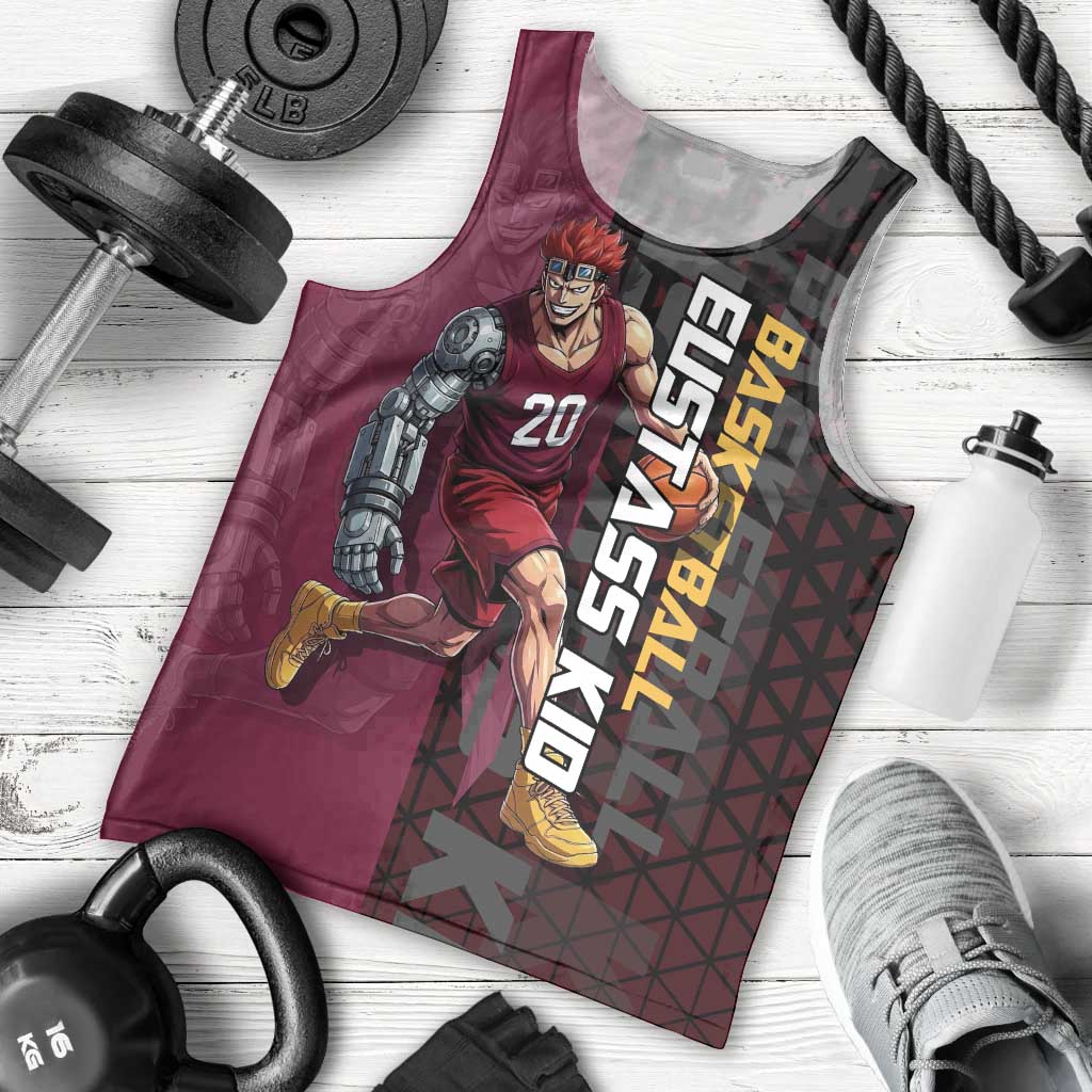 Eustass Kid One Piece Basketball Theme Red and Black Design Men Tank Top with Flame Skull Emblem and Mechanical Arm Pose - The Mazicc
