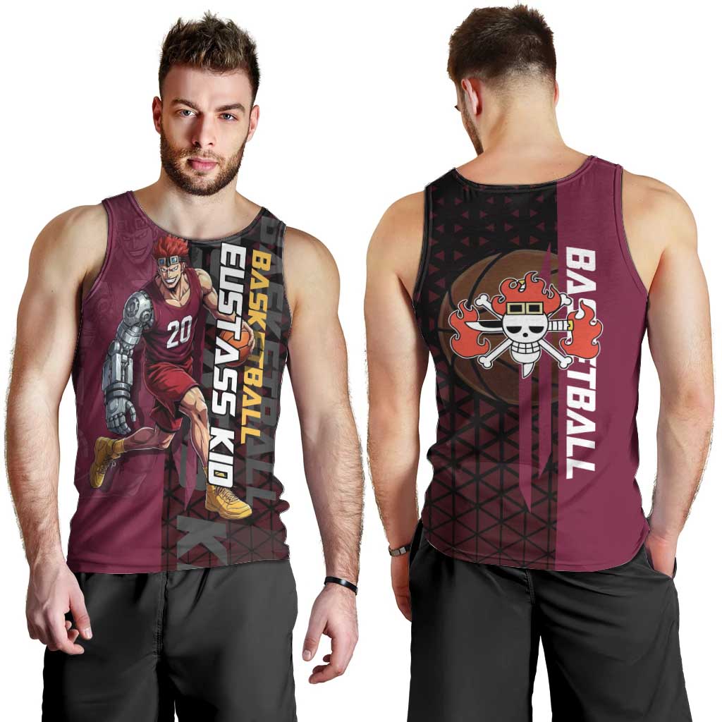 Eustass Kid One Piece Basketball Theme Red and Black Design Men Tank Top with Flame Skull Emblem and Mechanical Arm Pose - The Mazicc