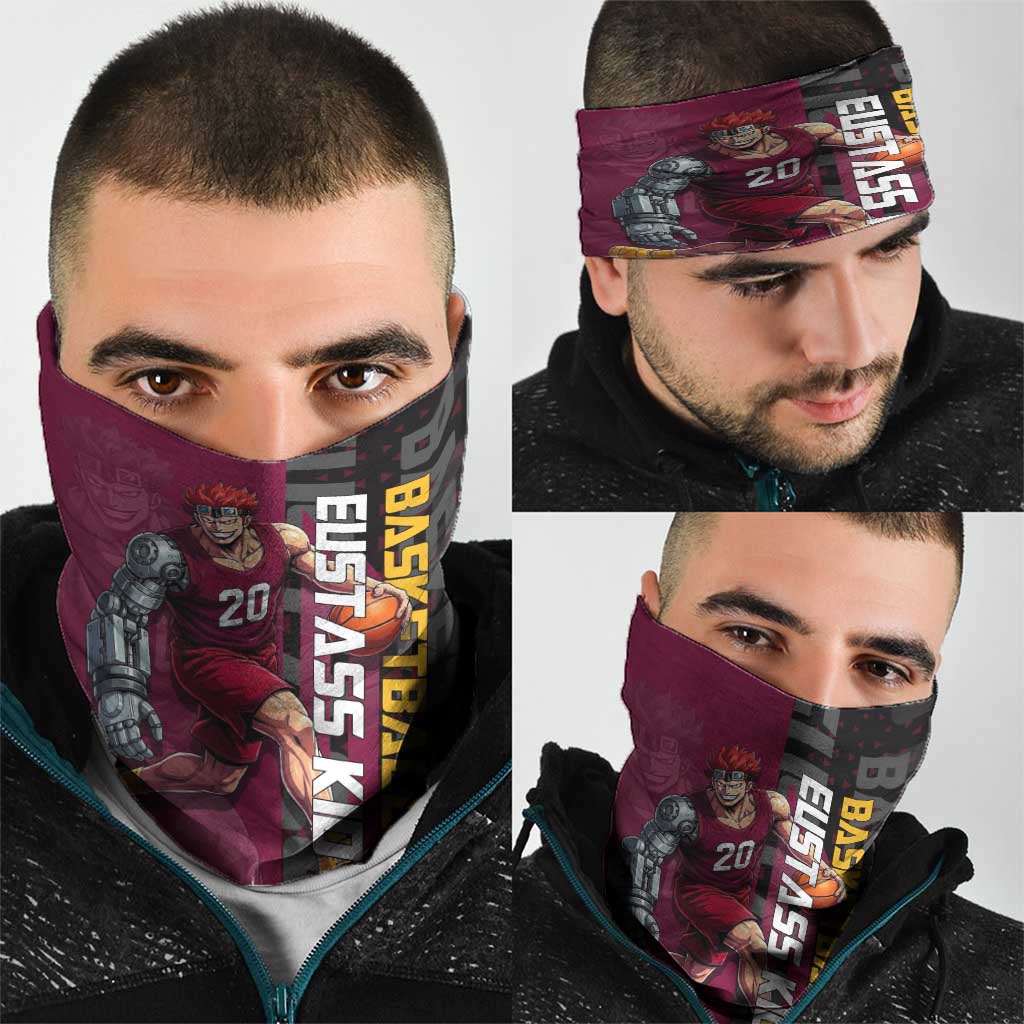 Eustass Kid One Piece Basketball Theme Red and Black Design Neck Gaiter with Flame Skull Emblem and Mechanical Arm Pose - The Mazicc