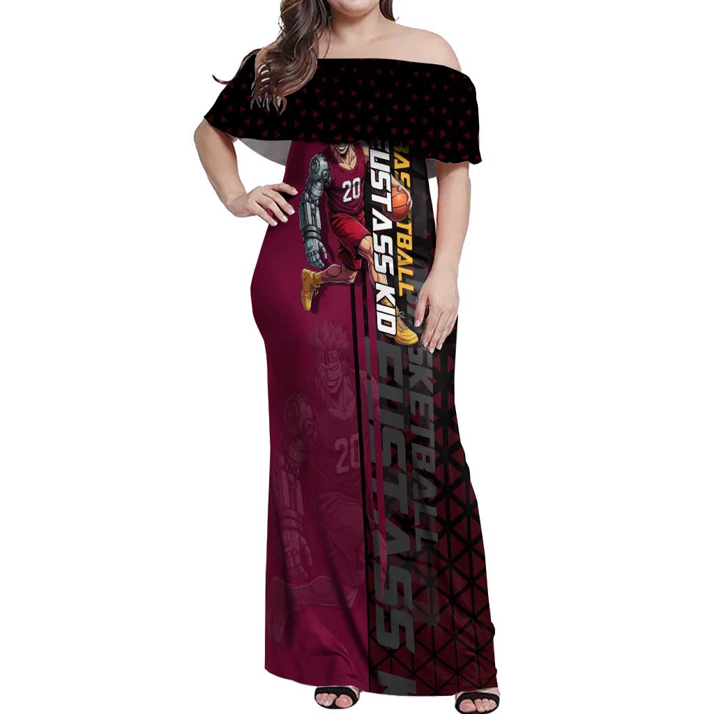 Eustass Kid One Piece Basketball Theme Red and Black Design Off Shoulder Maxi Dress with Flame Skull Emblem and Mechanical Arm Pose - The Mazicc