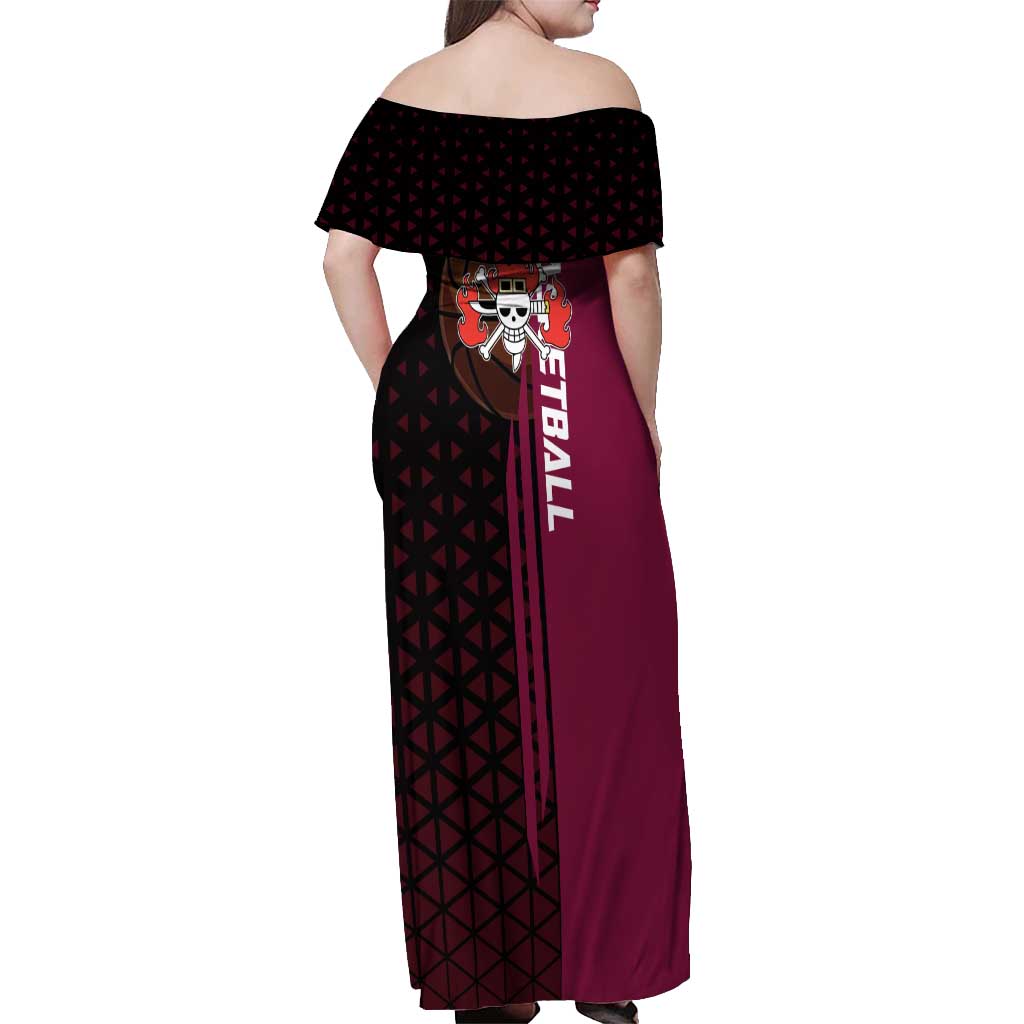 Eustass Kid One Piece Basketball Theme Red and Black Design Off Shoulder Maxi Dress with Flame Skull Emblem and Mechanical Arm Pose - The Mazicc