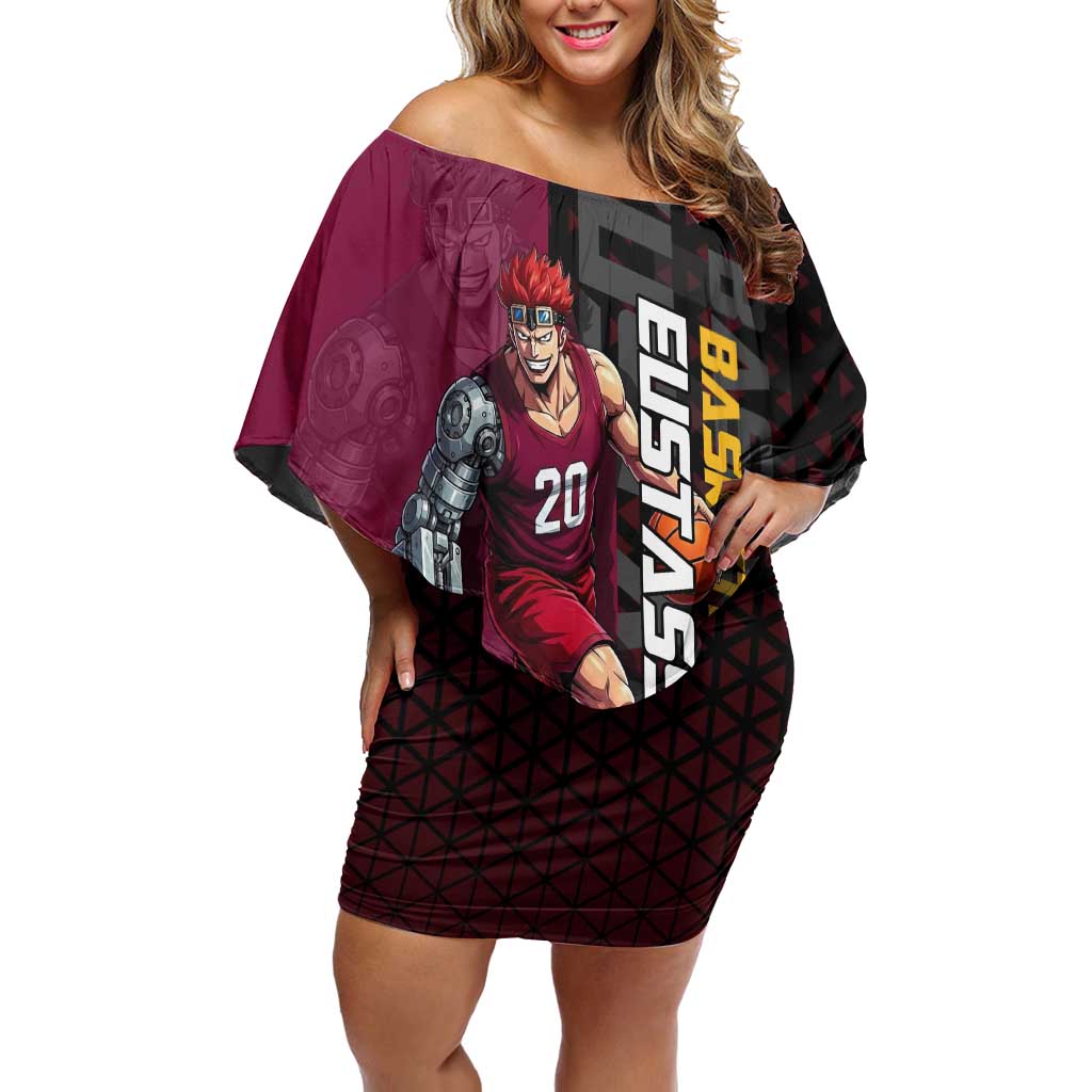 Eustass Kid One Piece Basketball Theme Red and Black Design Off Shoulder Short Dress with Flame Skull Emblem and Mechanical Arm Pose - The Mazicc