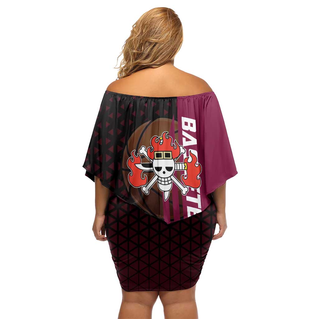 Eustass Kid One Piece Basketball Theme Red and Black Design Off Shoulder Short Dress with Flame Skull Emblem and Mechanical Arm Pose - The Mazicc