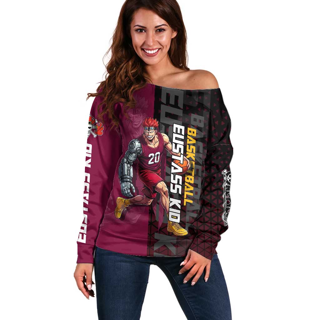 Eustass Kid One Piece Basketball Theme Red and Black Design Off Shoulder Sweater with Flame Skull Emblem and Mechanical Arm Pose - The Mazicc