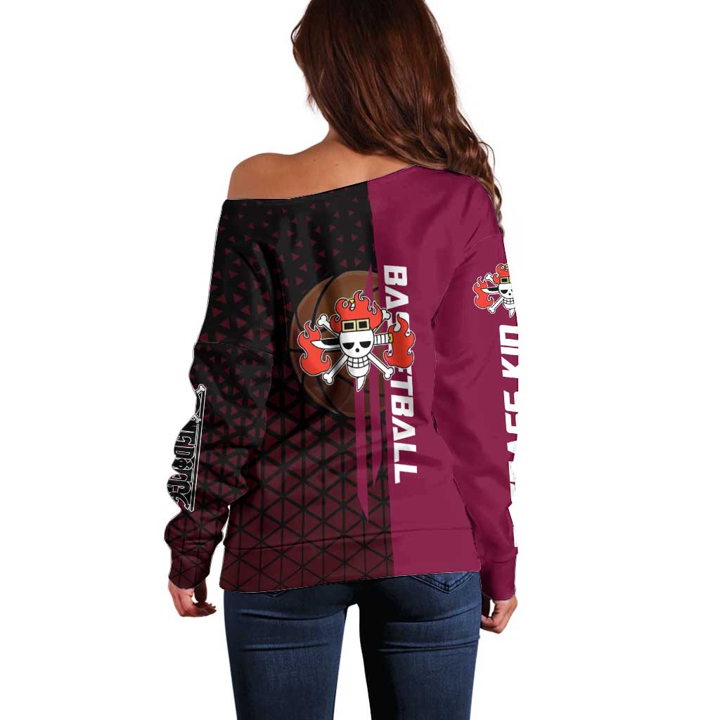Eustass Kid One Piece Basketball Theme Red and Black Design Off Shoulder Sweater with Flame Skull Emblem and Mechanical Arm Pose - The Mazicc