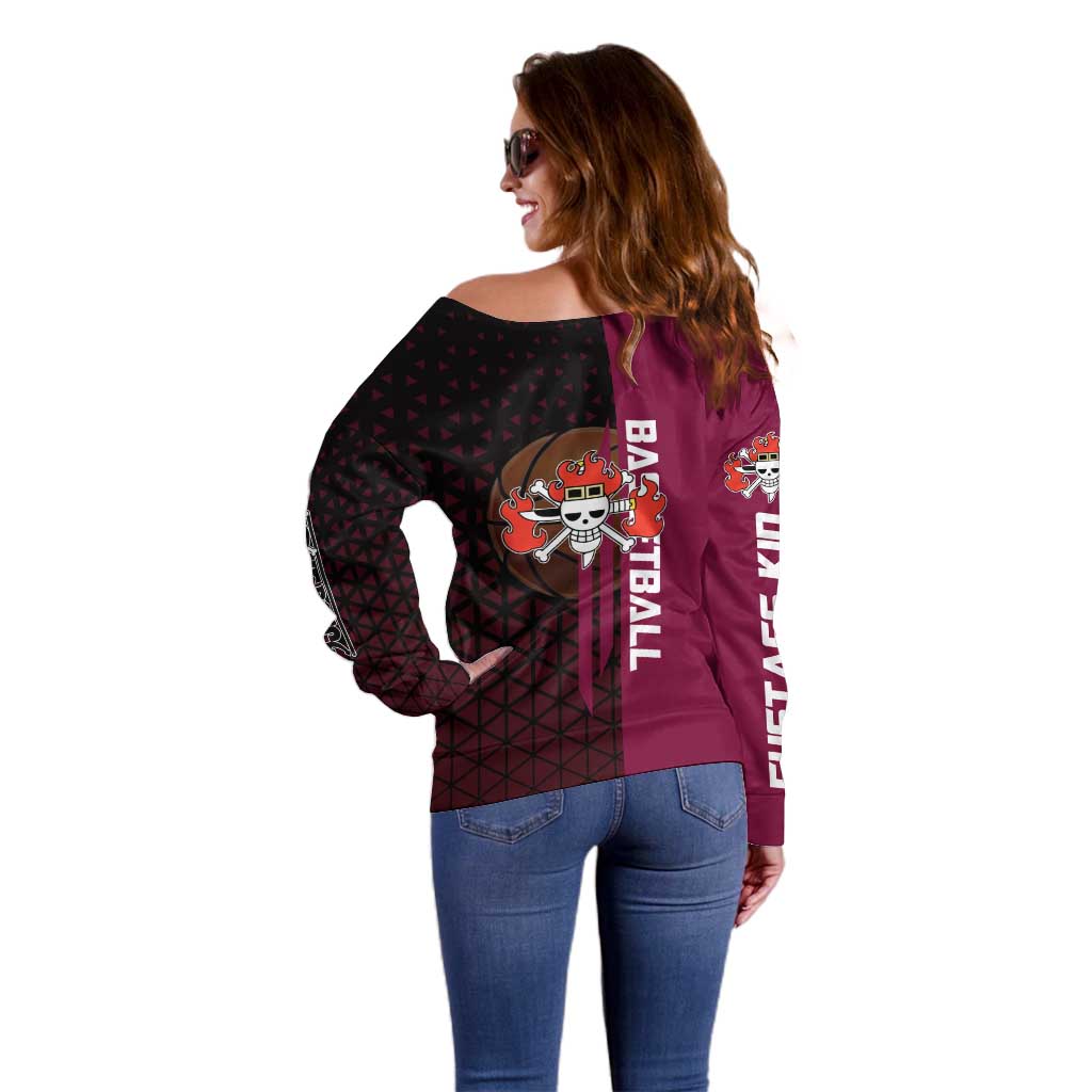 Eustass Kid One Piece Basketball Theme Red and Black Design Off Shoulder Sweater with Flame Skull Emblem and Mechanical Arm Pose - The Mazicc
