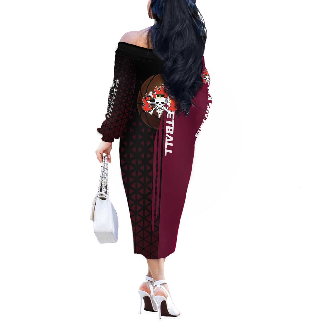 Eustass Kid One Piece Basketball Theme Red and Black Design Off The Shoulder Long Sleeve Dress with Flame Skull Emblem and Mechanical Arm Pose - The Mazicc