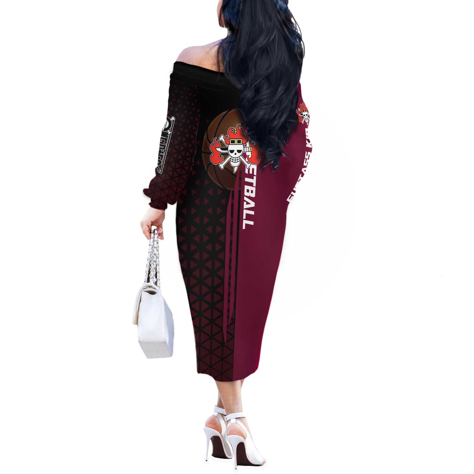 Eustass Kid One Piece Basketball Theme Red and Black Design Off The Shoulder Long Sleeve Dress with Flame Skull Emblem and Mechanical Arm Pose - The Mazicc