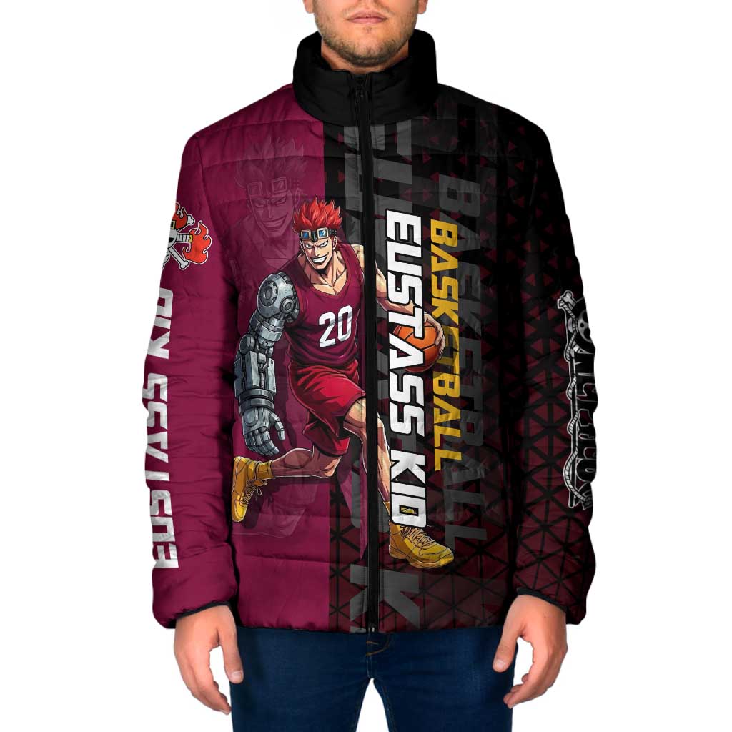 Eustass Kid One Piece Basketball Theme Red and Black Design Padded Jacket with Flame Skull Emblem and Mechanical Arm Pose - The Mazicc
