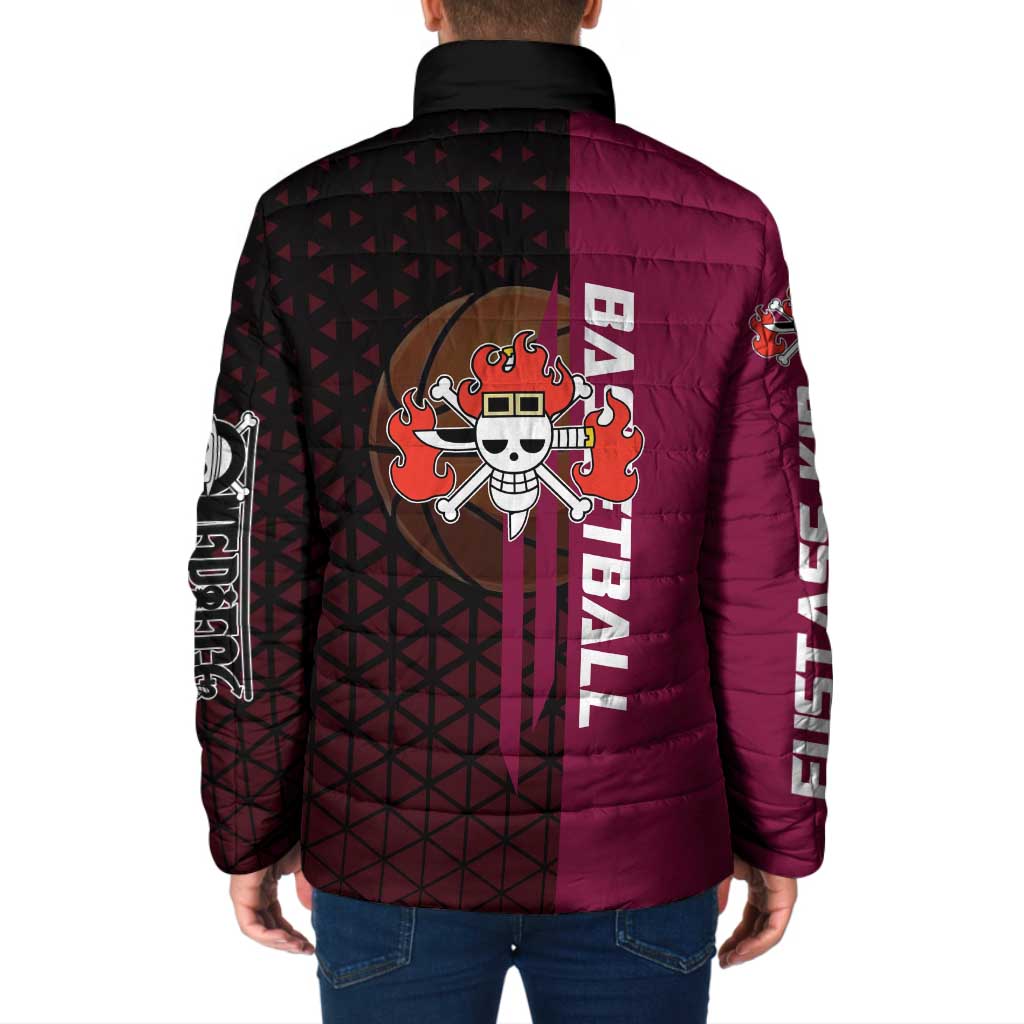 Eustass Kid One Piece Basketball Theme Red and Black Design Padded Jacket with Flame Skull Emblem and Mechanical Arm Pose - The Mazicc